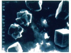 未经处理的混凝土
在表层以下50mm处切取的混凝土试样。可以看到在切面照片上呈现的氢氧化立方体和菱形六面体的凝胶体及微粒。
